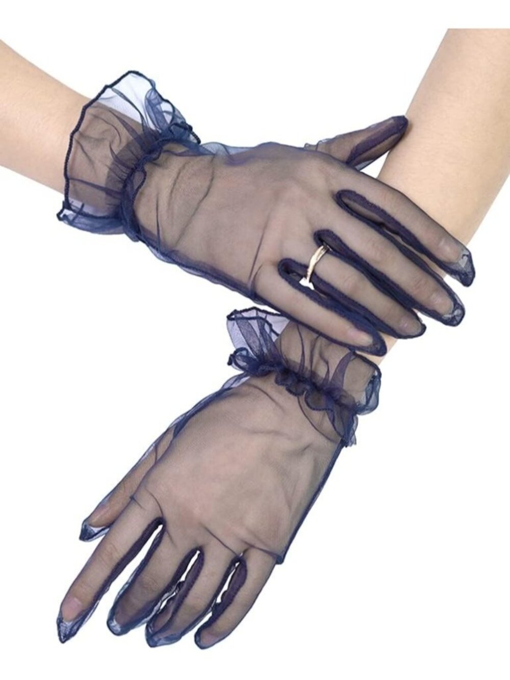 Women's Navy Blue Ruffled Short Sheer Wrist Length Halloween Tulle Mesh Gloves